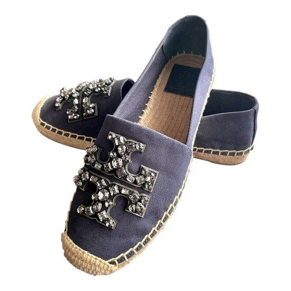 TORY BURCH Ines Embellished Logo Espadrille Flats Navy Canvas Size 5.5 NIB - Picture 2 of 11
